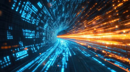 Poster - High-tech visualization of data streams in a futuristic tunnel, illuminated by radiant orange and blue lights.