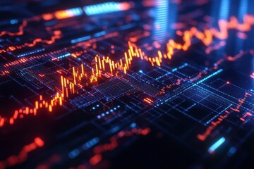 Poster - A vibrant digital visualization of fluctuating data patterns, showcasing bright orange and blue lines against a dark background, representing complex analytics.
