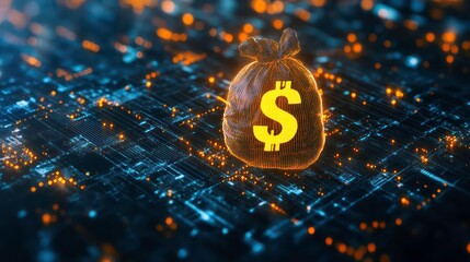 Poster - Glowing money bag on digital circuit board.
