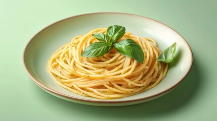 Poster - A plate of spaghetti with pesto sauce and basil leaves.