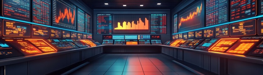 Poster - A high-tech control room filled with screens displaying data and graphs in vibrant colors, suggesting a focus on analytics and monitoring.