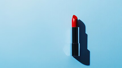 Wall Mural - Minimalist beauty shot featuring a sleek red lipstick against a plain blue backdrop, highlighting modern sophistication.