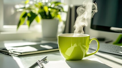 Poster - Modern workspace with a computer, a steaming cup of green tea, a notepad, and ample copy space, arranged on a clean white surface.