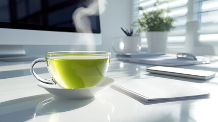 Poster - Modern workspace with a computer, a steaming cup of green tea, a notepad, and ample copy space, arranged on a clean white surface.