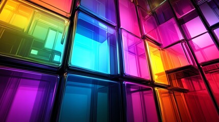 Poster - Colorful Glass Blocks Create a Vibrant Abstract Design With Hues of Blue, Purple, Yellow, and Red in a Modern Setting