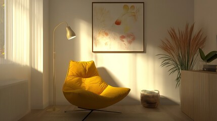 Poster - Sunlit living room with yellow armchair, floor lamp, artwork, and plants.