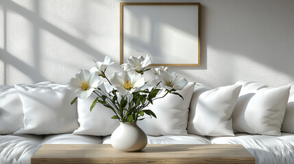 Wall Mural - Serene Living Room: White flowers in a vase sit on a wooden coffee table in front of a cozy white couch, bathed in the soft light streaming through a window.  Sunlight illuminates the scene.