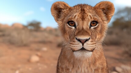 Sticker - Closeup of a lion cub in the African savanna