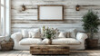 © Yung - Rustic Living Room Mockup: A cozy and inviting living room features a creamy white sofa, rustic wooden coffee table, and a textured wood wall providing a perfect backdrop for design inspiration.