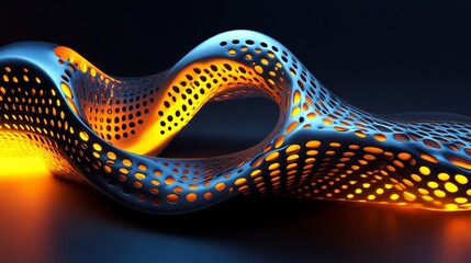 Poster - Dynamic Abstract Sculpture With Perforated Surface Illuminated by Glowing Light
