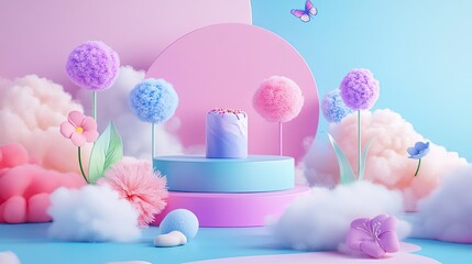 Poster - Playful pastel-themed 3D stage with colorful podiums, kawaii flowers, and fluffy cotton candy elements on a bold solid backdrop.
