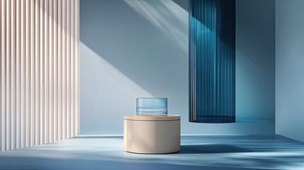 Poster - Simple, elegant light blue studio with a beige cylinder podium and layered blue glass, ideal for minimalist product showcasing.