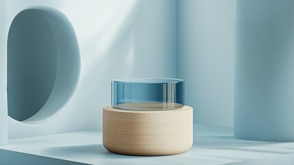 Poster - Simple, elegant light blue studio with a beige cylinder podium and layered blue glass, ideal for minimalist product showcasing.
