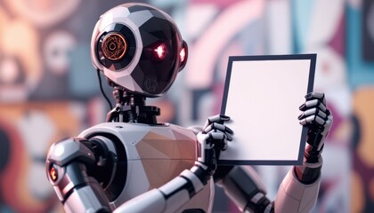 Poster - Futuristic robot with geometric design holding a blank paper in colorful environment