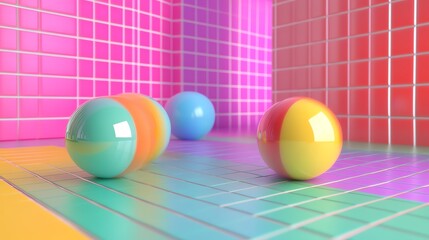 Poster - Colorful Spheres Rolling on Tiled Floor in a Vibrant, Modern Space With a Pastel Background During Daylight