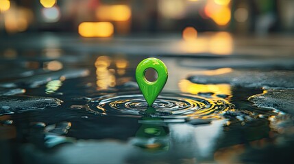 Poster - Green Location Pin Reflecting in Water with Ripples and Bokeh Lights