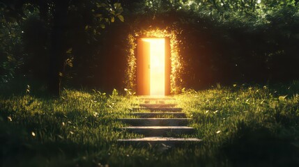 Poster - Glowing door in a lush forest, sunlight shining through, stone steps leading to it.