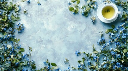 Poster - Top view of a creative workspace with blue flowers, green tea, and a white keyboard, framed with copy space.