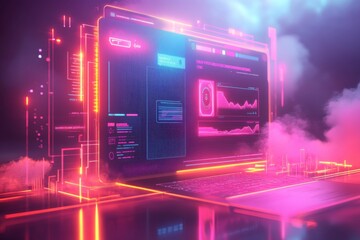 Poster - A vibrant, futuristic digital interface displays data and analytics, surrounded by glowing neon lights and a smoky atmosphere.