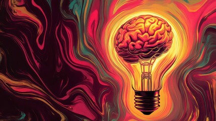 Poster - Illuminated brain inside lightbulb, abstract swirling background.