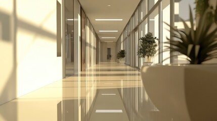 Poster - Sunlit modern hallway with plants and reflective floor.