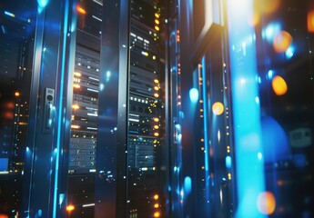 Poster - Vivid close-up of illuminated server racks with glowing blue and orange lights in a futuristic data center. Ideal for technology, IT systems, and innovation concepts