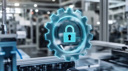 Poster - Cyber security concept, digital lock icon on gear in industrial factory.