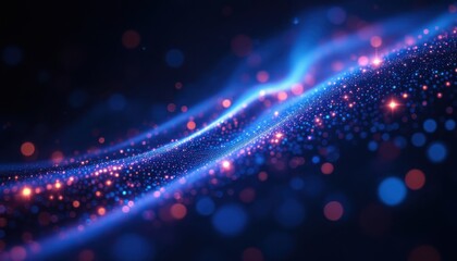 Poster - Glowing abstract wave of neon lights and sparkling particles on dark background