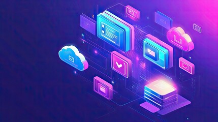 Poster - Abstract illustration of cloud storage with glowing icons for global file sharing and digital devices interconnected.
