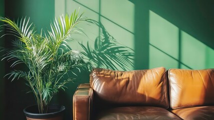 Poster - Sunlight streams through window onto brown leather sofa and potted palm plant against a green wall.