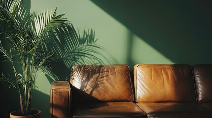Poster - Sunlight illuminates a brown leather couch and potted palm plant against a green wall.