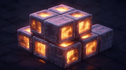 Poster - Glowing Lava Cubes Stacked in a Dark Setting Showcasing a Fusion of Natural Elements and Artistic Design