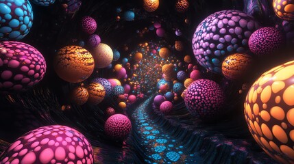 Poster - Colorful Spheres Illuminate a Surreal Tunnel in a Vibrant Digital Landscape During an Imaginative Exploration