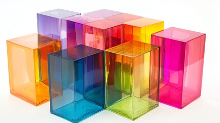 Poster - Colorful Transparent Blocks Arranged in a Vibrant Display on a White Background