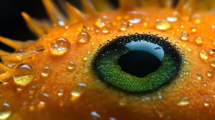 Poster - Close-up of a vibrant green eye, glistening with water droplets, set against a textured orange surface.