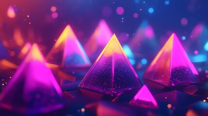 Poster - Colorful Neon Pyramids Illuminate a Vibrant Space With Shimmering Lights and Reflections in a Modern Artistic Setting