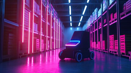 Poster - Dynamic shot of an autonomous robot in a neon-lit warehouse, showcasing advanced technology in logistics.