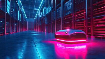 Poster - Dynamic shot of an autonomous robot in a neon-lit warehouse, showcasing advanced technology in logistics.