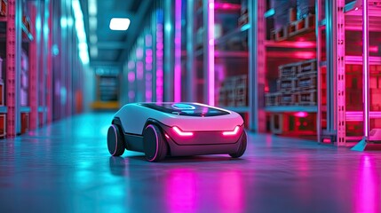 Poster - Dynamic shot of an autonomous robot in a neon-lit warehouse, showcasing advanced technology in logistics.