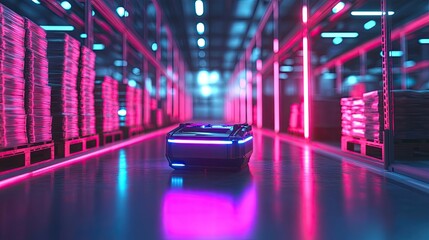 Poster - Dynamic shot of an autonomous robot in a neon-lit warehouse, showcasing advanced technology in logistics.