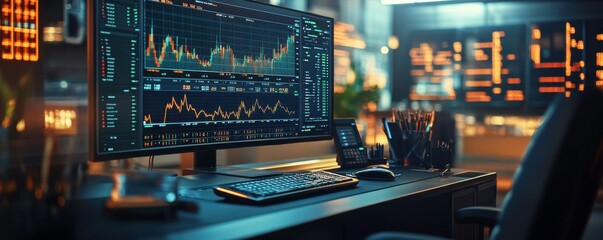 Poster - A modern workspace featuring a sleek computer monitor displaying vibrant financial data and graphs, with a stylish desk setup in a lively environment.