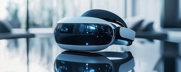 Poster - A sleek virtual reality headset rests on a reflective surface, showcasing modern design and technology in a contemporary setting.