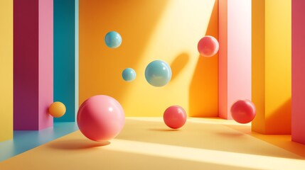 Poster - Colorful Spheres Floating in a Vibrant Geometric Space Filled With Pastel Colors During Daylight