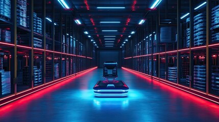 Poster - High-tech warehouse with an autonomous robot operating amidst vibrant blue and red lighting effects.