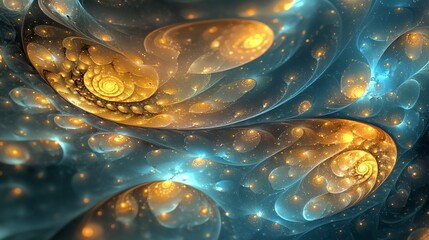 Poster - Swirling Golden and Blue Fractals Create an Abstract Pattern Resembling Spirals and Galaxies in a Cosmic Backdrop