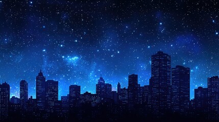 Fototapete - Neon digital cityscape with tall buildings and a glowing urban horizon against a starry night.