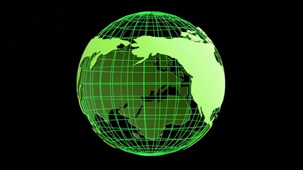 Wall Mural - A simple rotating green neon wireframe globe with 3D world map created by procedural geometric 3D modeling seamless looping cartography animation.