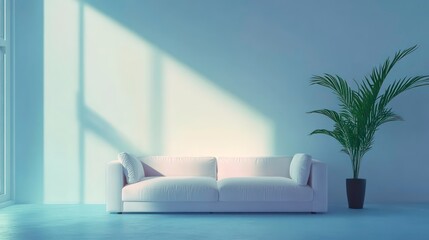 Poster - Minimalist living room interior with white sofa, potted plant, and sunlight streaming through window.