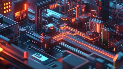 Poster - Visualization of IoT in a factory setting with smart devices, data flow, and isometric network connections.