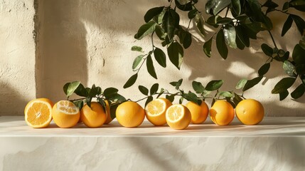 Poster - Ripe oranges and leaves on a table in sunlight.